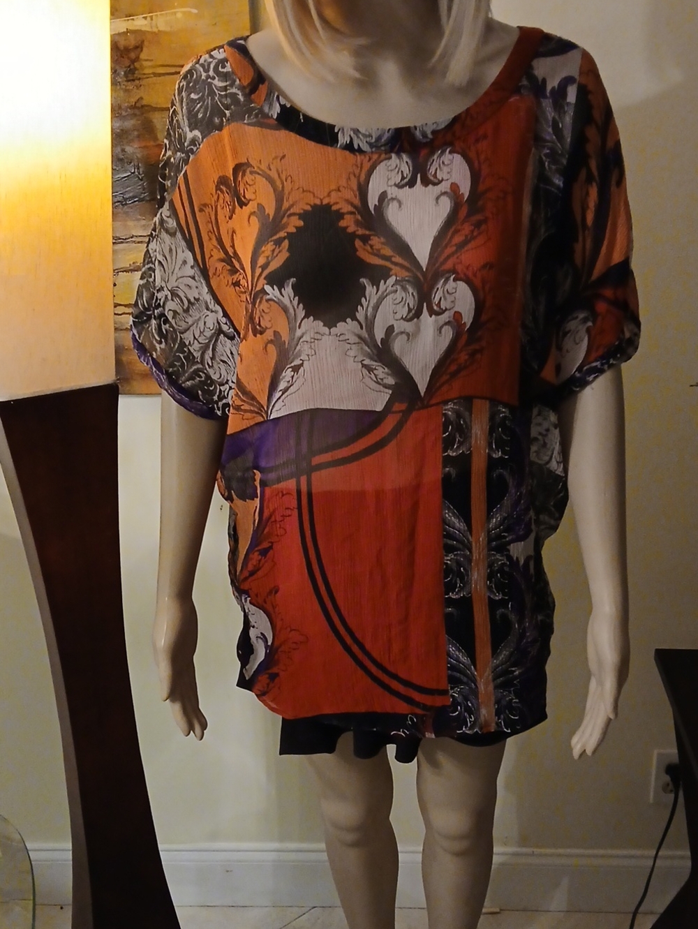Women's Mixed Print Short Sleeve Tunic Top - Red & Purple